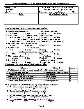 Đề kiểm tra học kỳ 1 môn Tiếng Anh Lớp 7 - Năm học 2014-2015