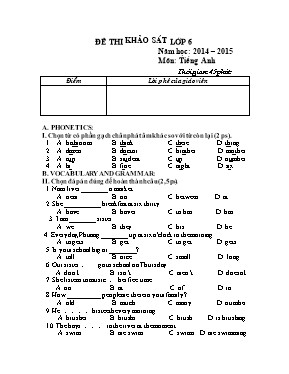 Đề thi khảo sát môn Tiếng Anh Lớp 6 - Năm học 2014-2015