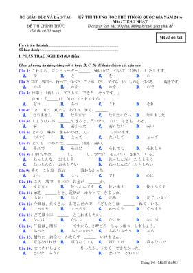 Đề thi THPT Quốc gia môn Tiếng Nhật năm 2016 