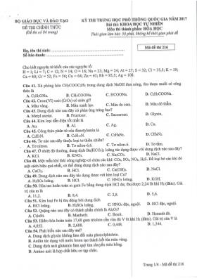 Đề thi Trung học phổ thông Quốc gia môn Hóa h
