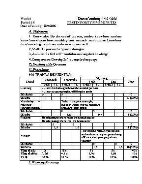 Giáo án Tiếng Anh Lớp 6 - Tiết 18: Test in forty five minutes - Năm học 2016-2017