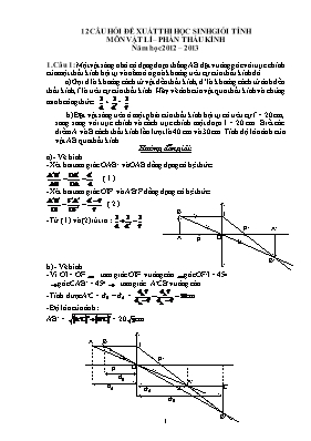 12 Câu hỏi đề xuất thi học sinh giỏi tỉnh môn Vật lí Lớp 9 – Phần Thấu kính - Năm học 2012-2013