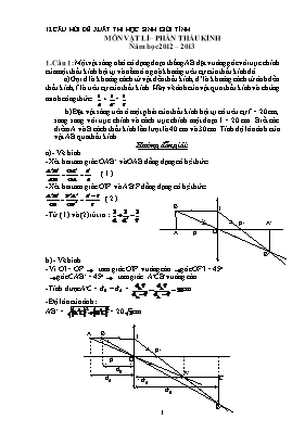 12 Câu hỏi đề xuất thi học sinh giỏi tỉnh môn Vật lí – Phần Thấu kính - Năm học 2012-2013