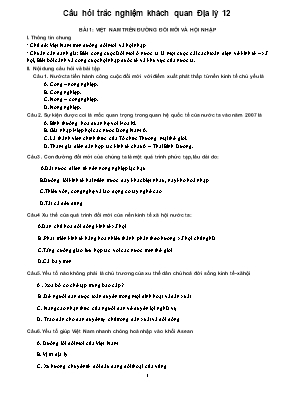 Câu hỏi trắc nghiệm khách quan Địa lý 12