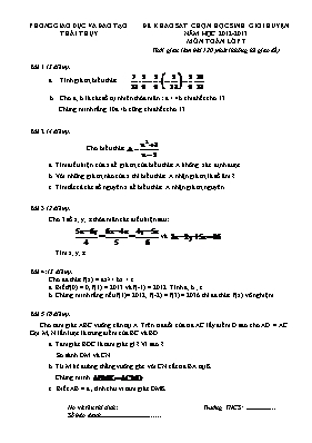 Đề khảo sát chọn học sinh giỏi huyện môn Toán Lớp 7 - Năm học 2012-2013 - Phòng GD & ĐT Thái Thụy