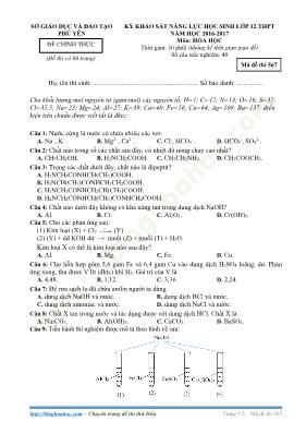 Đề khảo sát năng lực môn Hóa học Lớp 12 - Mã đề 567 - Năm học 2016-2017 - Sở GD & ĐT Phú Yên