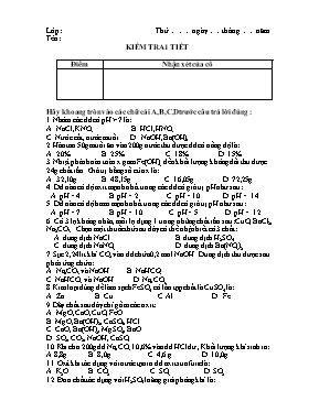 Đề kiểm tra 1 tiết học kỳ 1 môn Hóa học Lớp 9