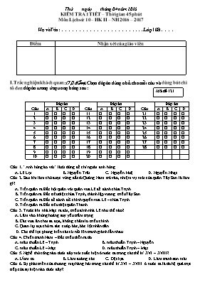 Đề kiểm tra 1 tiết học kỳ II môn Lịch sử Lớp 10 - Năm học 2016-2017