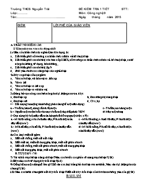 Đề kiểm tra 1 tiết môn Công nghệ 9 - Năm học 