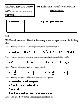 Đề kiểm tra 15 phút Chương III môn Toán Lớp 8