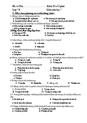 Đề kiểm tra 15 phút học kỳ 1 môn Sinh học Lớp