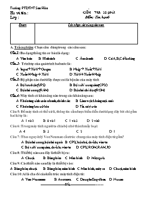 Đề kiểm tra 15 phút lần 1 môn Tin học Lớp 6 -
