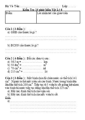 Đề kiểm tra 15 phút môn Vật lý 6