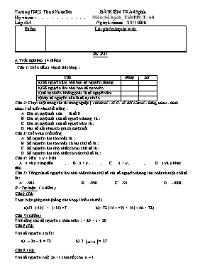 Đề kiểm tra 45 phút Tiết 68 môn Số học Lớp 6 - Năm học 2015-2016 - Trường THCS Thuỷ Xuân Tiên