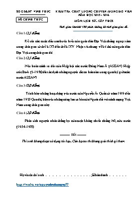Đề kiểm tra chất lượng chuyên môn giáo viên THCS môn Lịch sử - Năm học 2015-2016 - Sở GD & ĐT Vĩnh Phúc (Có đáp án)