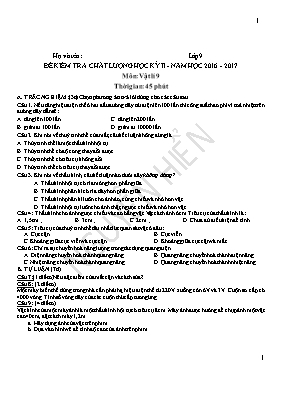 Đề kiểm tra chất lượng học kỳ II môn Vật lý 9 - Năm học 2016-2017