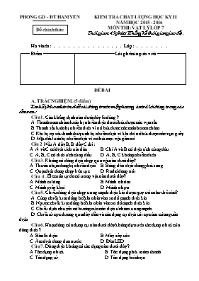 Đề kiểm tra chất lượng học kỳ II môn Vật lý Lớp 7 - Năm học 2015-2016 - Phòng GD & ĐT Hàm Yên (Có đáp án)