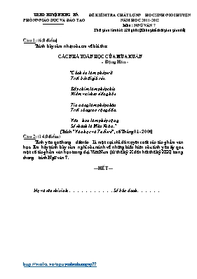 Đề kiểm tra chất lượng học sinh giỏi cấp huyện môn Ngữ văn Lớp 7 - Năm học 2011-2012 - Phòng GD & ĐT Hưng Hà (Có đáp án)