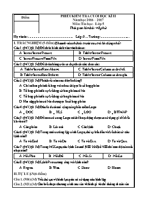 Đề kiểm tra cuối học kỳ II môn Tin học Lớp 5 - Năm học 2016-2017