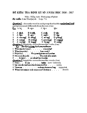 Đề kiểm tra định kỳ số 3 môn Tiếng Anh Lớp 7 