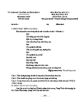 Đề kiểm tra học kì I môn Ngữ văn Lớp 10 - Năm