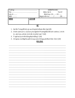 Đề kiểm tra học kỳ 2 môn Lịch sử Khối 6