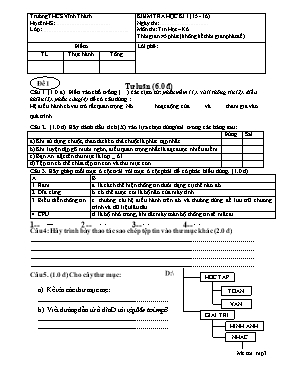 Đề kiểm tra học kỳ I môn Tin học Lớp 6 - Đề 1 - Năm học 2015-2016 - Trường THCS Vĩnh Thành