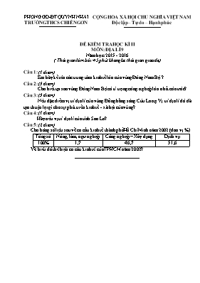 Đề kiểm tra học kỳ II môn Địa lý Lớp 9 - Năm 