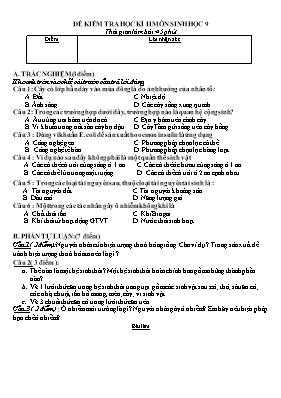 Đề kiểm tra học kỳ II môn Sinh học Khối 9