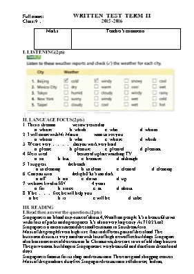 Đề kiểm tra học kỳ II môn Tiếng Anh Lớp 9 - N