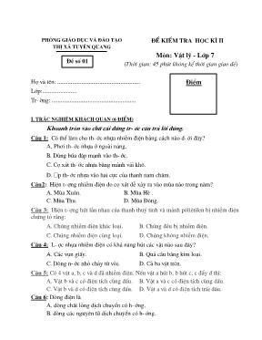 Đề kiểm tra học kỳ II môn Vật lý Lớp 7 - Đề số 01 - Phòng GD & ĐT Thị xã Tuyên Quang (Có đáp án)