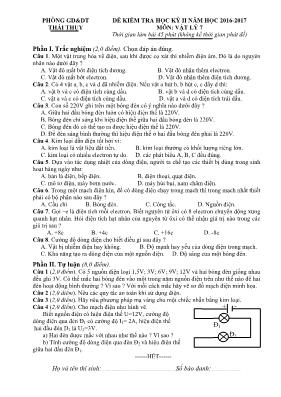 Đề kiểm tra học kỳ II môn Vật lý Lớp 7 - Năm học 2016-2017 - Phòng GD & ĐT Thái Thụy (Có đáp án)