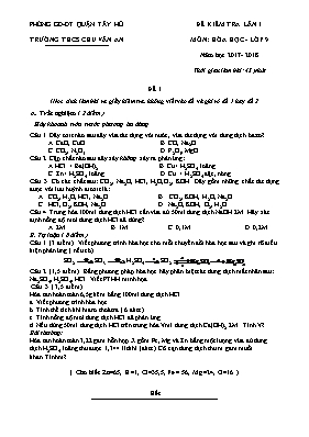 Đề kiểm tra lần 1 môn Hóa học Lớp 9 - Đề 1 - Năm học 2017-2018 - Trường THCS Chu Văn An
