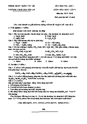Đề kiểm tra lần 1 môn Hóa học Lớp 9 - Đề 2 - Năm học 2017-2018 - Trường THCS Chu Văn An