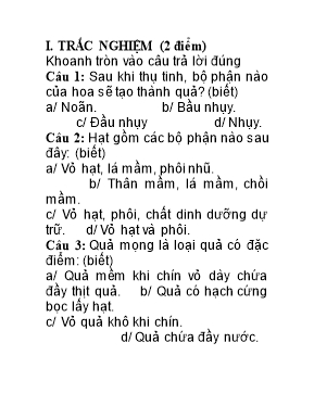 Đề thi học kỳ II môn Sinh học Lớp 6 (Có đáp á