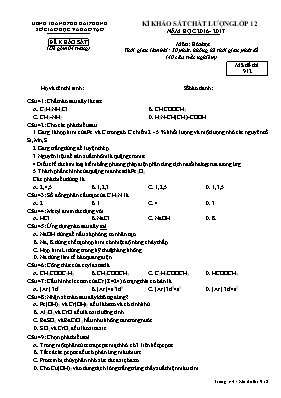 Đề thi khảo sát chất lượng môn Hóa học Lớp 12 - Mã đề 912 - Năm học 2016-2017 - Sở GD & ĐT Hải Phòng