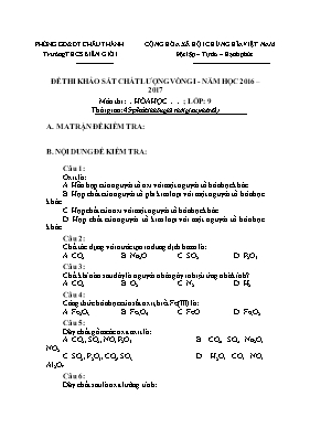 Đề thi khảo sát chất lượng vòng I môn Hóa học Lớp 9 - Năm học 2016-2017 - Trường THCS Biên Giới (Có đáp án)