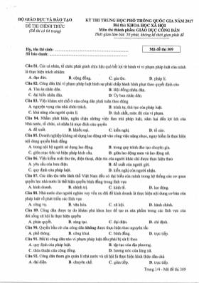 Đề thi THPT Quốc gia môn Giáo dục công dân năm 2017 - Mã đề 309 (Đề chính thức)