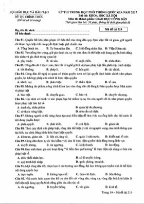 Đề thi THPT Quốc gia môn Giáo dục công dân năm 2017 - Mã đề 319 (Đề chính thức)