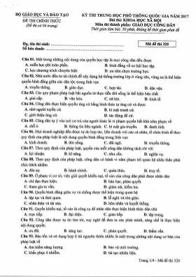 Đề thi THPT Quốc gia môn Giáo dục công dân năm 2017 - Mã đề 320 (Đề chính thức)