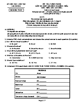 Đề thi tuyển sinh Lớp 10 THPT môn Tiếng Anh (Chuyên) - Năm học 2017-2018 - Sở GD & ĐT Hải Dương