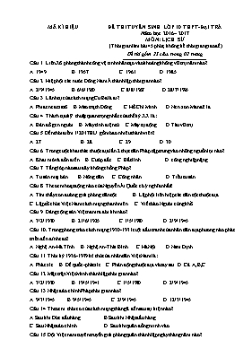 Đề thi tuyển sinh vào Lớp 10 môn Lịch sử - Nă