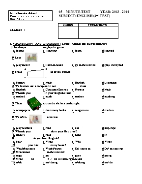 4 Đề kiểm tra 1 tiết lần 2 học kỳ I môn Tiếng Anh 7 - Năm học 2013-2014 - Trường THCS Mỹ Tú