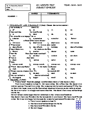Đề kiểm tra 1 tiết lần 1 học kỳ I môn Tiếng Anh 7 - Đề 1 - Năm học 2014-2015 - Trường THCS Mỹ Tú