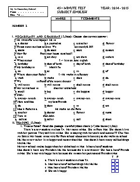 Đề kiểm tra 1 tiết lần 1 học kỳ I môn Tiếng Anh 7 - Đề 2 - Năm học 2014-2015 - Trường THCS Mỹ Tú