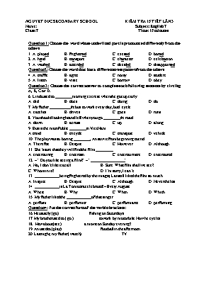 Đề kiểm tra 1 tiết lần 3 môn Tiếng Anh Lớp 7 - Trường THCS Nguyễn Dực