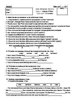 Đề kiểm tra 1 tiết lần 4 môn Tiếng Anh 9
