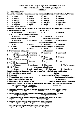 Đề kiểm tra chất lượng học kì II môn Tiếng Anh Lớp 9 - Đề chẵn - Năm học 2012-2013
