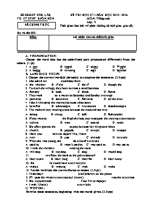 Đề thi học kỳ I môn Tiếng Anh Lớp 9 - Năm học