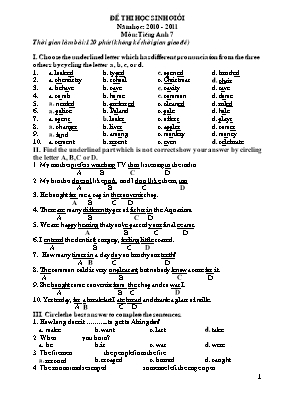 Đề thi học sinh giỏi môn Tiếng Anh 7 - Năm họ